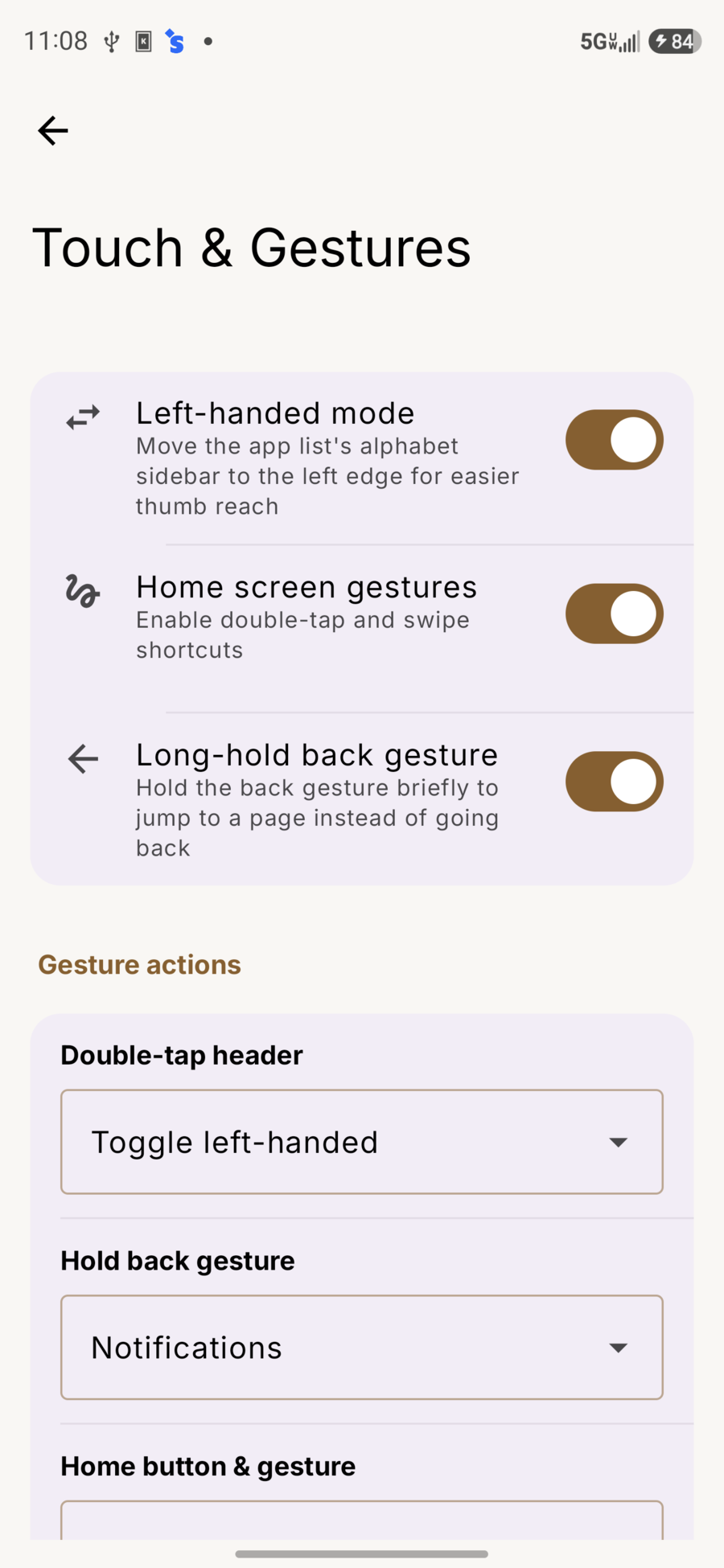 Touch and Gestures settings